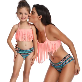 Summer Family Swimwear Set 2020 Solid Tassel Mommy and Me Swimsuit Beach Dress Two Piece Bathing Носете High Waist Sexy Bikini