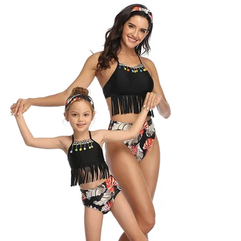 Summer Family Swimwear Set 2020 Solid Tassel Mommy and Me Swimsuit Beach Dress Two Piece Bathing Носете High Waist Sexy Bikini
