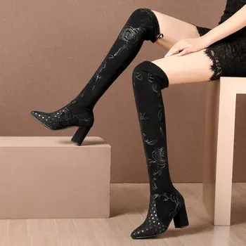 2021 нови ботуши изработени от изкуствен велур Секси Over The Knee High дамска мода зима бедрото високи ботуши дамски модни Botas Mujer u836