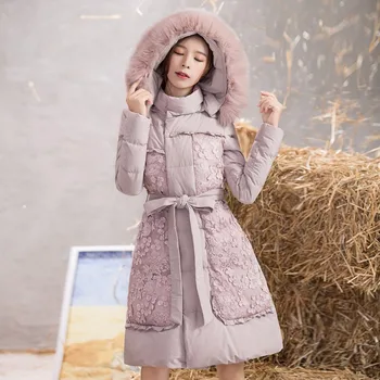 2019 нова зима регулиране на талията палто на жена твърди дълги перо надолу меки момичета дами дантела на флорални бродерии палто S-3XL