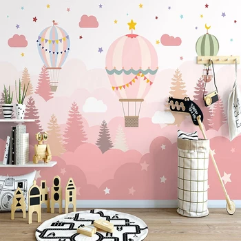 Потребителски самозалепващи се тапети 3D ръчно рисувани розово карикатура облак горещ балон стенопис детска стая фон на стената етикети