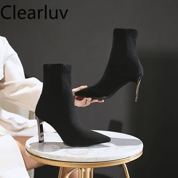 Генитални модерен секси дамски чорапи ботуши за плетене на еластични ботуши с високи токчета за жени модни обувки нови женски глезена ботильоны