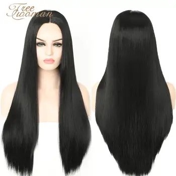 FREEWOMAN синтетични перука дантела отпред черен естествена коприна перука фалшиви удължаване на коса, перуки за жени, черни въздушни косата си ежедневно парти