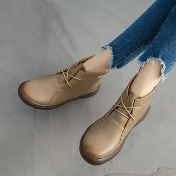 Дамски ретро платформа Челси ботуши за жени стягам ботильоны естествена кожа апартамент обувки за жени, както кадифе зимни ботуши