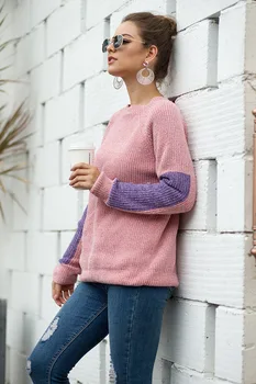 Жена пуловер colorblock свободен кръгъл отвор пуловер с дълъг ръкав пуловер