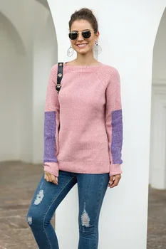 Жена пуловер colorblock свободен кръгъл отвор пуловер с дълъг ръкав пуловер