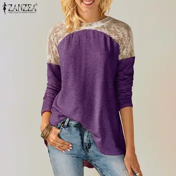 Макси Туника дамска асиметрична блуза 2021 ZANZEA стилен дантела мозайка блузи с дълъг ръкав, ризи женски Пролет работа Blusas