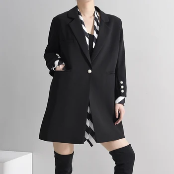 [ИАЛ] Women Black Brief Шарени Split Blazer New Lapel Long Sleeve Loose Fit Jacket Fashion Tide пролет есен 2021 1W47901
