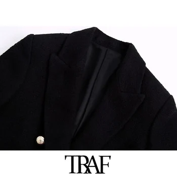 ТРАФИКА на жени мода Офис облекло двубортный туид блейзър винтидж палто с дълъг ръкав джобове на Дамски връхни дрехи и шикозни блузи