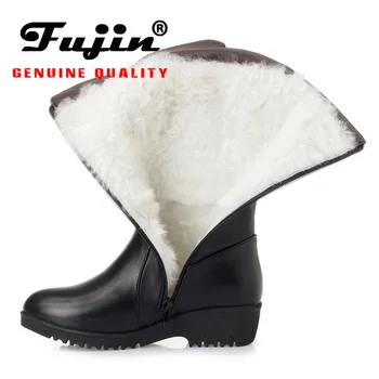 Фуцзинь вълнени дамски зимни ботуши с топла мода кожа топла обувки естествена кожа плоски плюшени високи обувки на платформа за жени снегоходки