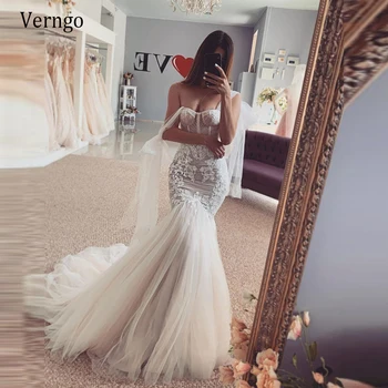 Verngo Секси Off the Shoulder Mermaid Wedding Dresses скъпа лейси апликация приталенная тънка тюлевая пола стрелка с форма на струята сватбени рокли