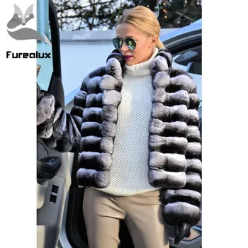 Модерен стил естествена кожа чинчила Заек Рекс кожени палта дълги палта за жени е топъл дебел отложной яка кожени якета и палта