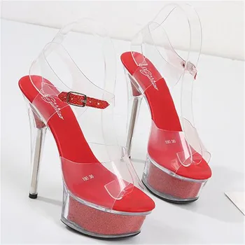 Летни бонбони цветове дамски сандали за ходене на шоуто артефакт модел обувки на висок ток 15 см секси пайети платформа обувки на висок ток 34-43
