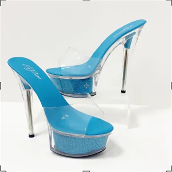 Летни бонбони цветове дамски сандали за ходене на шоуто артефакт модел обувки на висок ток 15 см секси пайети платформа обувки на висок ток 34-43