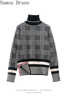 Жаккардовый пуловер Houndstooth женски пуловер 2020 есента и зимата нова тънка универсална вязаная долната риза с високо деколте
