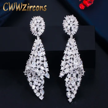 CWWZircons геометрични блестящи бели кубични циркониеви дълги капки Луксозни дизайнерски обеци за сватбени булки бижута и аксесоари CZ767
