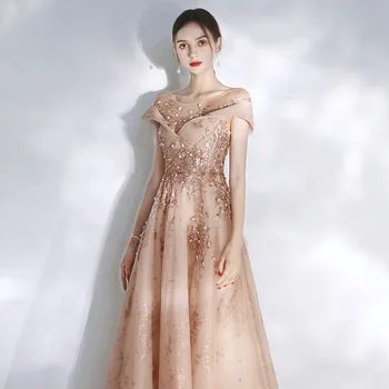 Чисто врата вечерна рокля с къс ръкав апликация на линия Елегантни Абитуриентски рокли тюл блестящи пайети придворна дама