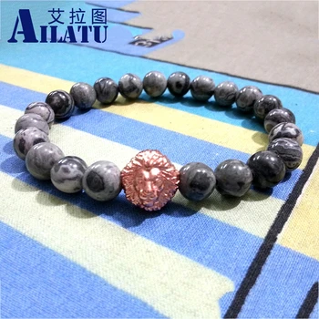 Ailatu New Design Colorful Lion Head Party Gift Bracelet For Men And wemen е Made With 8 мм Grey Veined Picture Stone