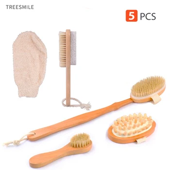 TREESMILE дървена четка за баня дълга дръжка дървена масажна четка за гърба Body Clean Brush натурална четина Body Dry Brush D30