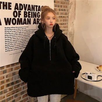 Изкуствен руно Oversize Есен-Зима на мода жените hoody hoody половината палто с цип корейски Soild с дълъг ръкав Дамски дрехи 2020