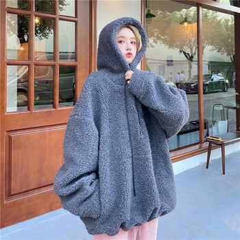 Изкуствен руно Oversize Есен-Зима на мода жените hoody hoody половината палто с цип корейски Soild с дълъг ръкав Дамски дрехи 2020