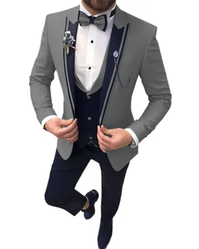 Мъжки 3 бр Slim Fit мъжки костюм индивидуален размер сватба смокинги младоженците(блейзър+жилетка+панталони)