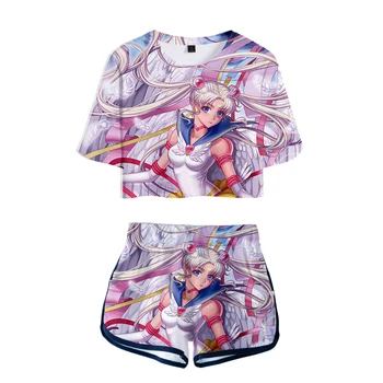 Гореща разпродажба лято 3D печат Sailor Moon открит пъпа риза + къси панталони Дамски комплекти от две части мода аниме момиче доста комплекти