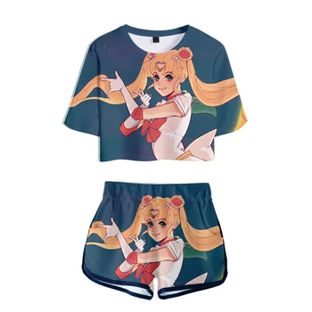 Гореща разпродажба лято 3D печат Sailor Moon открит пъпа риза + къси панталони Дамски комплекти от две части мода аниме момиче доста комплекти