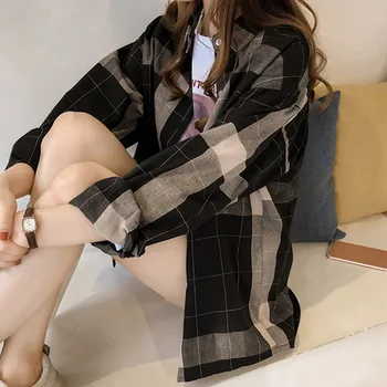 Harajuku BF Style каре ризи, дамски блузи градинска облекло свободна ежедневни базова елегантна риза на горно облекло корейската мода пролет лято блуза
