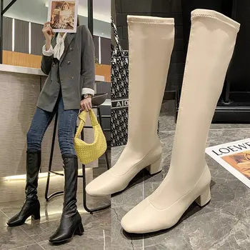 Квадратен стелката на обувки с дебел ток 2020 есен нова темперамент универсални тънки ботуши на средно обувки с тънки високи жени