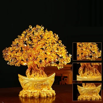 Щастливо Пари Дърво Китайски Кюлчета Злато Crystal Фортуна Дърво Украшение Богатство На Орнамента Домашен Офис Украса На Масата Настолни Занаяти
