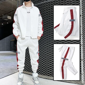 2020 Новият Есенен Мъжки Комплект Мода Сплайсированные Светлоотразителни Статии Цип На Яке Дантела Пътеки Панталони Случайни Свободен Спортен Костюм