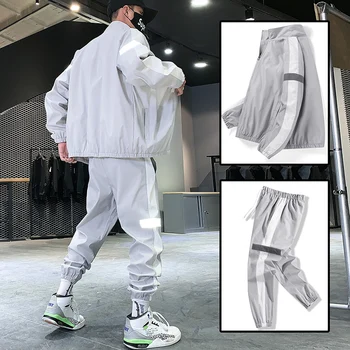 2020 Новият Есенен Мъжки Комплект Мода Сплайсированные Светлоотразителни Статии Цип На Яке Дантела Пътеки Панталони Случайни Свободен Спортен Костюм
