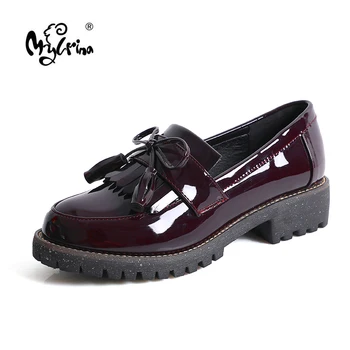 MYLRINA Дамски обувки oxfords официална работна обувки черни апартамент слипоны ретро обувки от лачена кожа Дамски обувки лоферы