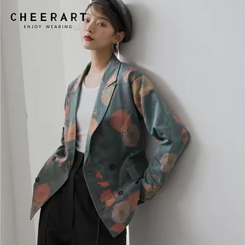 CHEERART Vintage Floral Green Print Blazer Women Fall 2020 свободни модни блейзери и якета палта костюм дизайнерски есенни якета