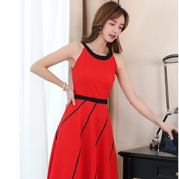 Лято червено секси плажна мини рокля на жената 2020 Нова мода красива без ръкави О-образно деколте A-line тънък Boho Party Blue Dresses Vestidos