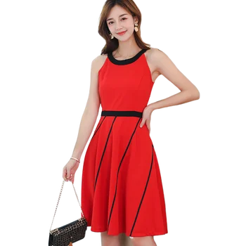 Лято червено секси плажна мини рокля на жената 2020 Нова мода красива без ръкави О-образно деколте A-line тънък Boho Party Blue Dresses Vestidos