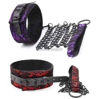 Thierry crimson / deep purple Дантела & Genuine Leather Tied Връзване Kit, превръзка на очите, яка, белезници за китките и глезените, секс играчки за жени