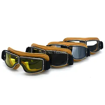 Мотоциклет каска, очила пилот ретро старинни кожени жълти слънчеви очила Harley Cruiser Chopper Cafe Racer