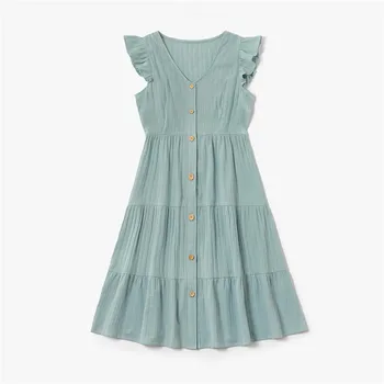 2020 Summer Mother Daughter Dress Family Look Blue Cotton Baby Linen Girls Dress Family Matching Outfits Mommy and me Clothes