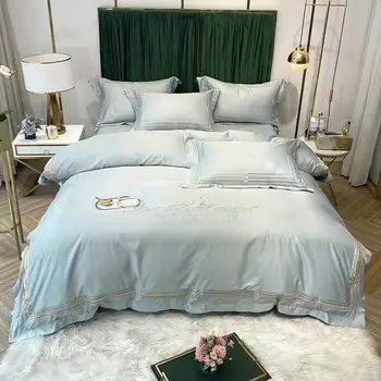 Луксозни ледени копринени постелки летни легла 4 броя king size bed set имитация на коприна бродерия на покривки комфорт чаршаф възглавница
