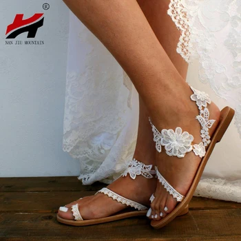 NAN JIU MOUNTAIN летни сандали Дамски плоски сандали плътен цвят дантела открит чорап сватба плюс размер 34-43