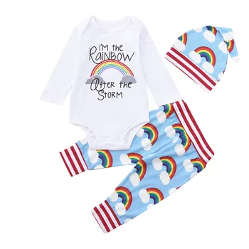 Rainbow детски дрехи, определени новородените момичета момчета писмо гащеризон Гащеризон боди +красиви облаци печат панталони, шапка, 3 бр. есен облекло