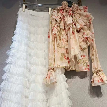 жените риза костюми млад многопластова пола + лук на nikola блуза диференцирани прагове + 3D цвете риза