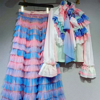 жените риза костюми млад многопластова пола + лук на nikola блуза диференцирани прагове + 3D цвете риза