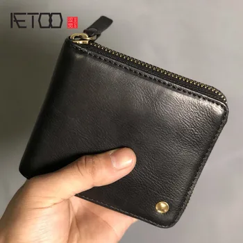AETOO Head leather men ' s small wallet, кожена кратък мъжки портфейл, ретро портфейл с появата на мълния