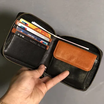 AETOO Head leather men ' s small wallet, кожена кратък мъжки портфейл, ретро портфейл с появата на мълния