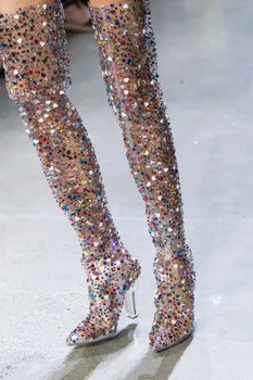 Жените прозрачна кожа, PVC ботуши над коляното дами Остър чорап многоцветен Кристал квадратен висок ток рокля писта обувки