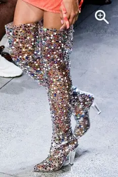 Жените прозрачна кожа, PVC ботуши над коляното дами Остър чорап многоцветен Кристал квадратен висок ток рокля писта обувки