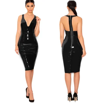 Червен черен изкуствена кожа Bodycon рокли плюс размер на една жена Есен Зима Секси дълбоко V дължина до коленете рокля 6XL женски Vestidos клубна облекло